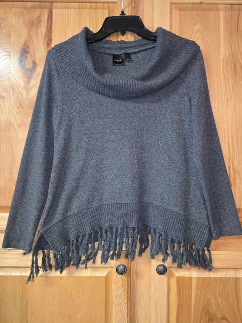 Rafaella Women's Dark Gray Sweater Top Cowl Neck & Fringed Hem- Petite MED